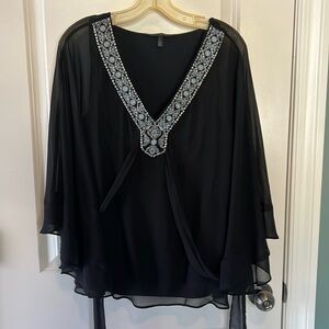 Black flowy blouse, silver beading, and blue embroidery at neckline size L
